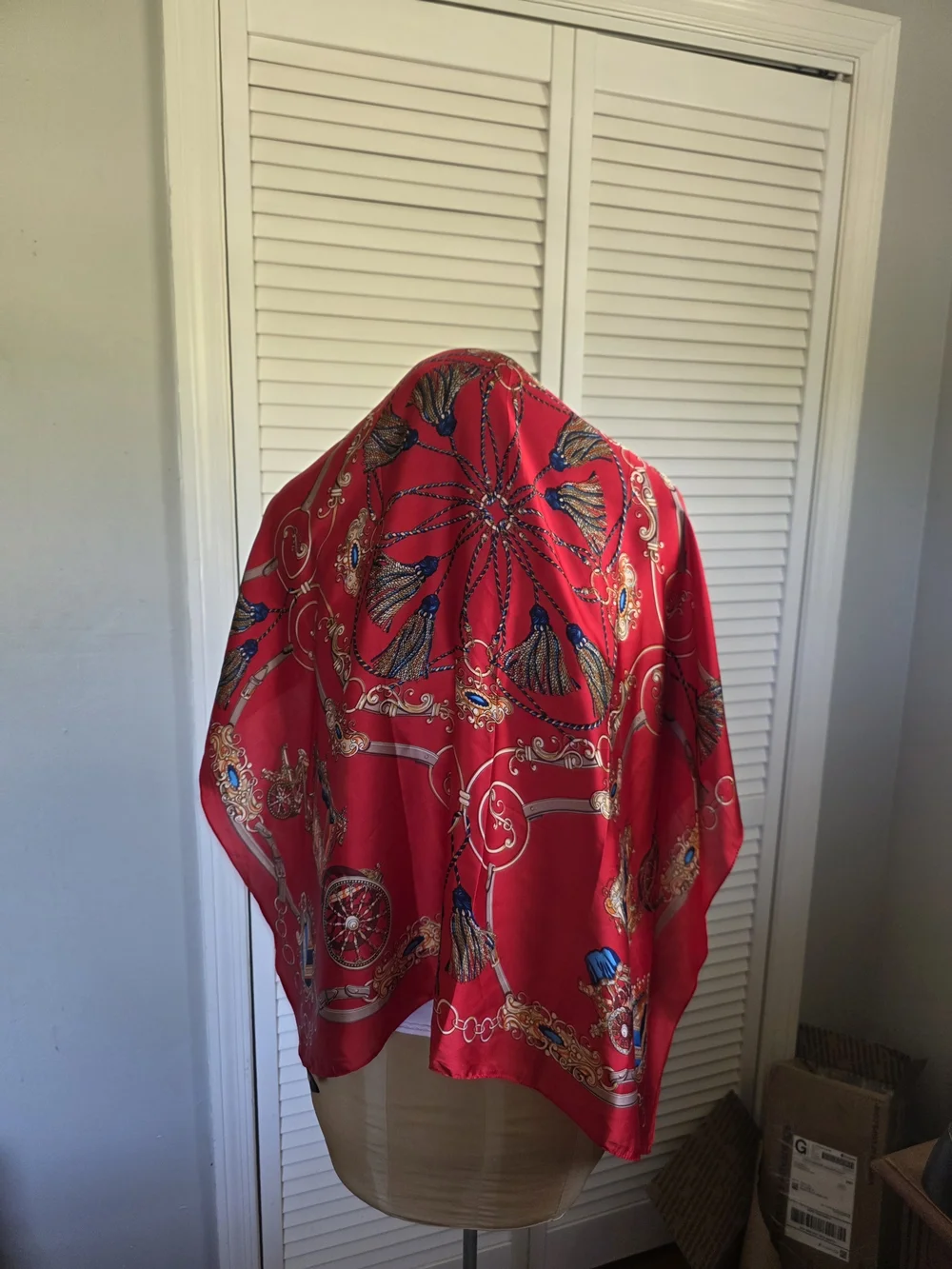 Christian Audigier Silk‑Feeling Scarf 35x35 Red Equestrian Carriage Print